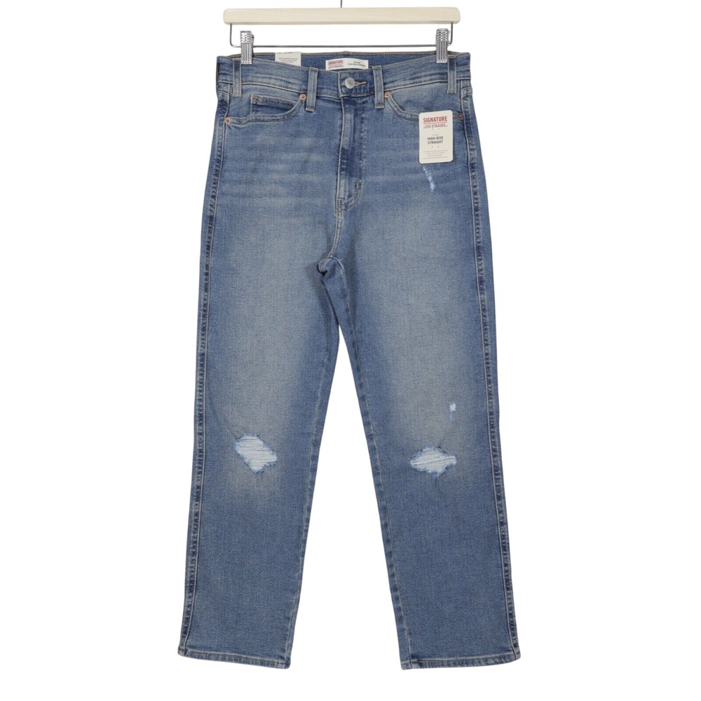 Signature Women's High Rise Straight Distressed Stretch Denim Jeans Blue Sz 8/29